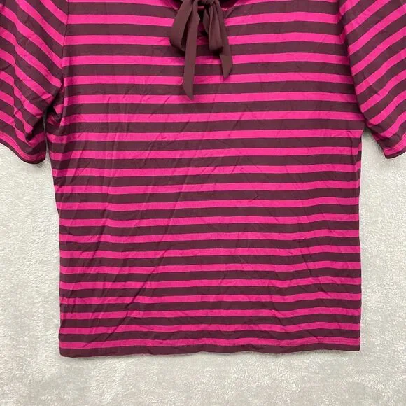 Talbots Shirt Womens Medium Pink Stripe Bow Tie Short Sleeve Pullover Stretch - Picture 3 of 9